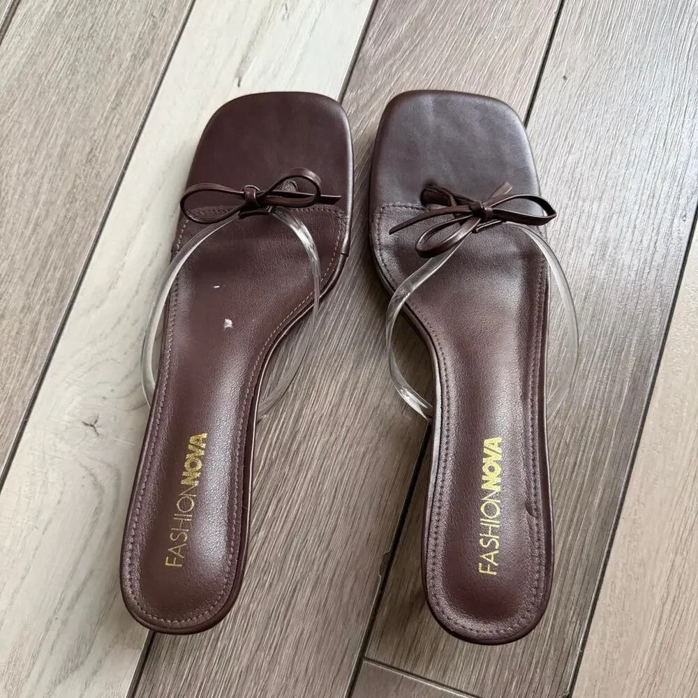 Fashion Nova Clear Strap Bow Heel Sandals Brown Women’s Size 10